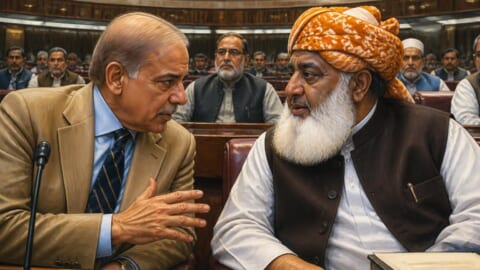 PM Shehbaz Sharif and Maulana Fazlur Rehman interact during National Assembly session