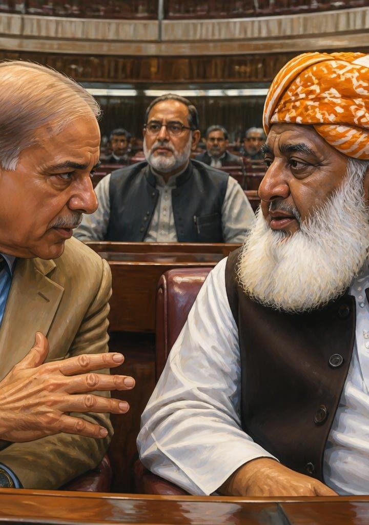 PM Shehbaz Sharif and Maulana Fazlur Rehman interact during National Assembly session