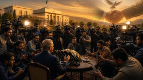 PM Shehbaz Sharif holds informal media talk after peace deal.