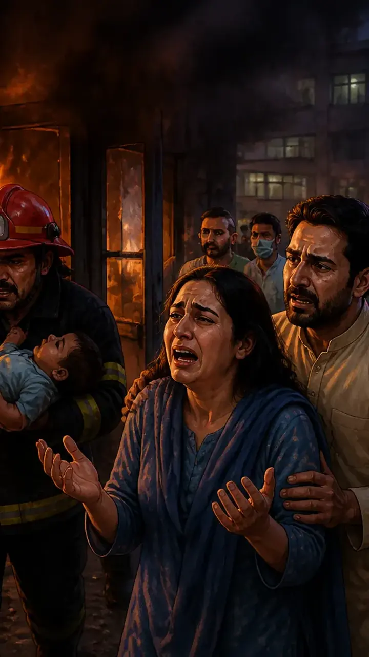 Animated editorial illustration for: 14 newborns die in PIMS hospital fire, safety failures suspected
