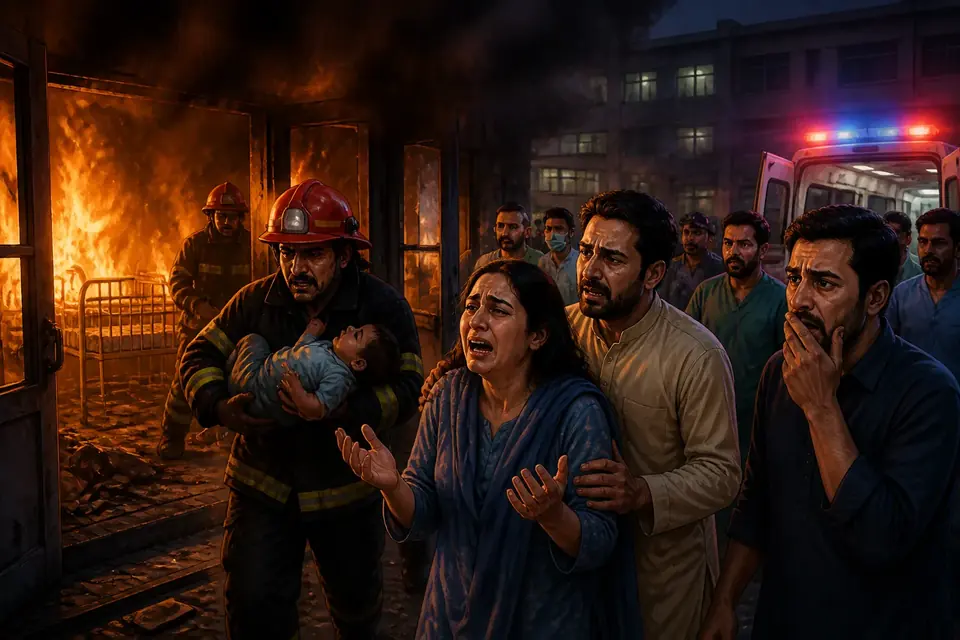 Animated editorial illustration for: 14 newborns die in PIMS hospital fire, safety failures suspected