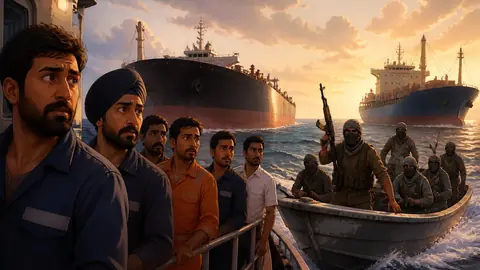Animated editorial illustration for: 22 Indian Sailors Aboard Two Vessels Hijacked Off Yemen and Somalia