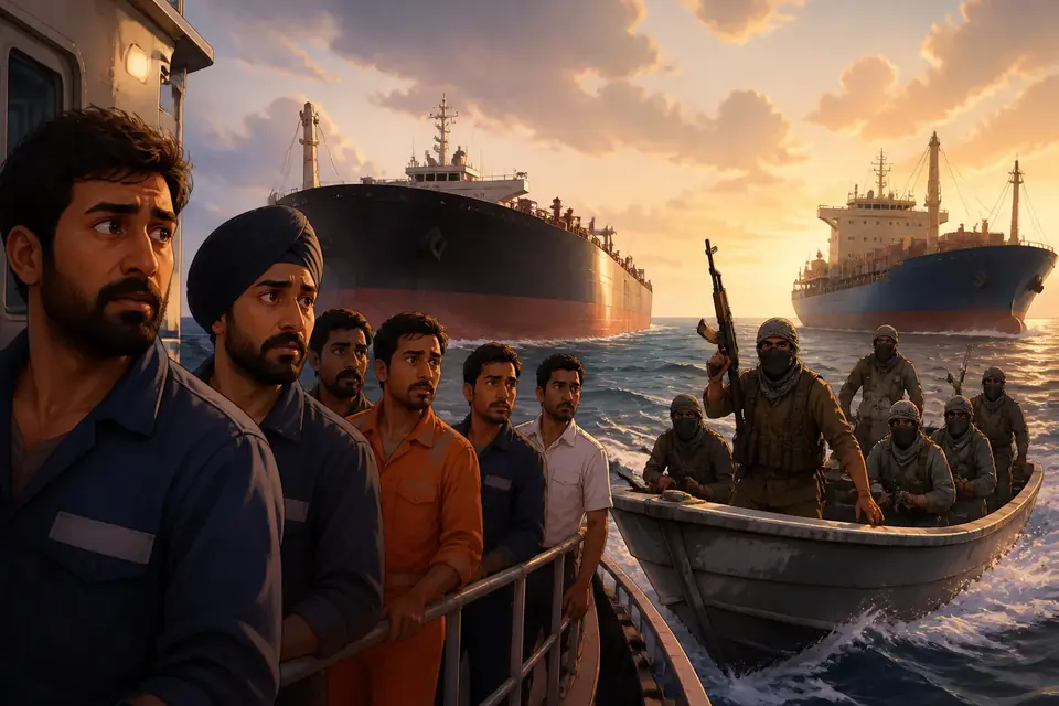 Animated editorial illustration for: 22 Indian Sailors Aboard Two Vessels Hijacked Off Yemen and Somalia