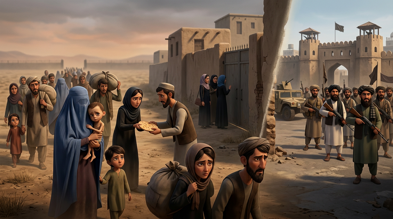 Animated editorial illustration: Afghanistan Faces Deepening Crisis on Fifth Anniversary of Taliban Rule. As the Taliban regime marks the fifth anniversary of its takeover of Afghanistan, reports from a British newspaper paint a grim picture of a country grappling with a deepening humanitarian and…