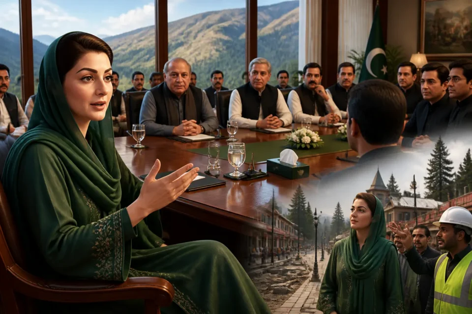 Animated editorial illustration for: AJK Rejected Politics of Chaos, Chose Development: Maryam Nawaz
