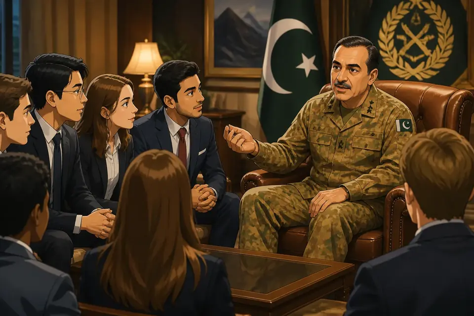 اس خبر کے لیے متحرک اداریاتی خاکہ: عاصم منیر کی ہارورڈ کے طلباء سے ملاقات، تعلیم کی اہمیت پر زور