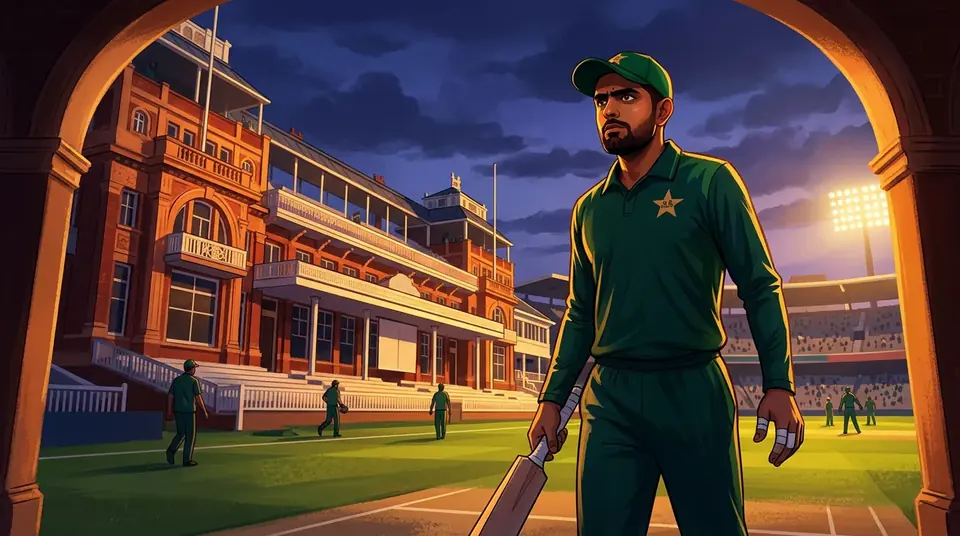 Animated editorial illustration for: Pakistan bowlers dominate England on rain-hit first day at Lord’s