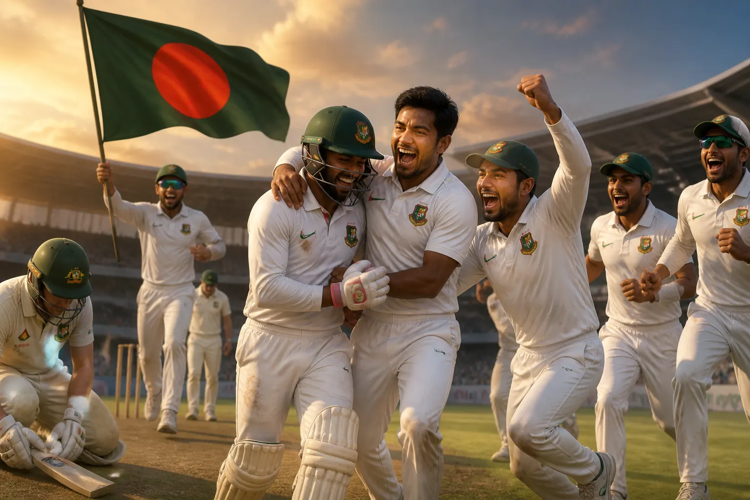 Animated editorial illustration: Bangladesh secures historic first Test win against Australia in Darwin. Bangladesh has made cricket history, defeating Australia by nine wickets in the first Test in Darwin on Sunday to claim their maiden Test victory on Australian soil.
