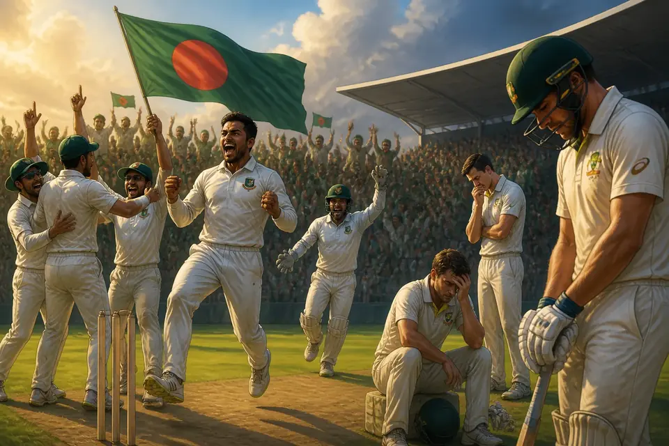 Animated editorial illustration for: Bangladesh Secures Historic Nine-Wicket Test Victory Over Australia