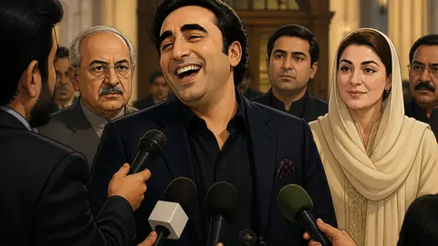 Animated editorial illustration for: Bilawal Bhutto Laughs Off Journalist’s Question About Maryam Nawaz