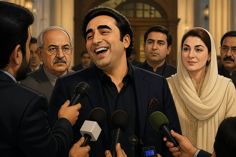 Animated editorial illustration for: Bilawal Bhutto Laughs Off Journalist’s Question About Maryam Nawaz