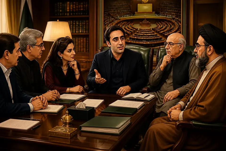 Animated editorial illustration for: Bilawal urges PTI-led opposition to join committees, cooperate on reforms