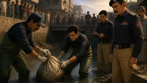 Animated editorial illustration for: Body of young girl found in sack in Karachi’s Quaidabad drain
