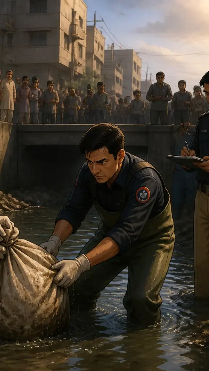 Animated editorial illustration for: Body of young girl found in sack in Karachi’s Quaidabad drain
