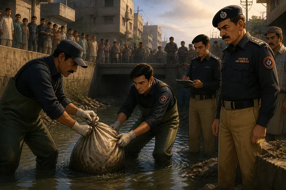 Animated editorial illustration for: Body of young girl found in sack in Karachi’s Quaidabad drain