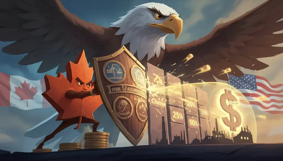 Animated editorial illustration for: Canada hits US goods with retaliatory tariffs up to 50 percent