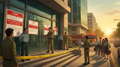 Animated editorial illustration for: CDA seals over 8 buildings, hundreds of shops in Islamabad crackdown