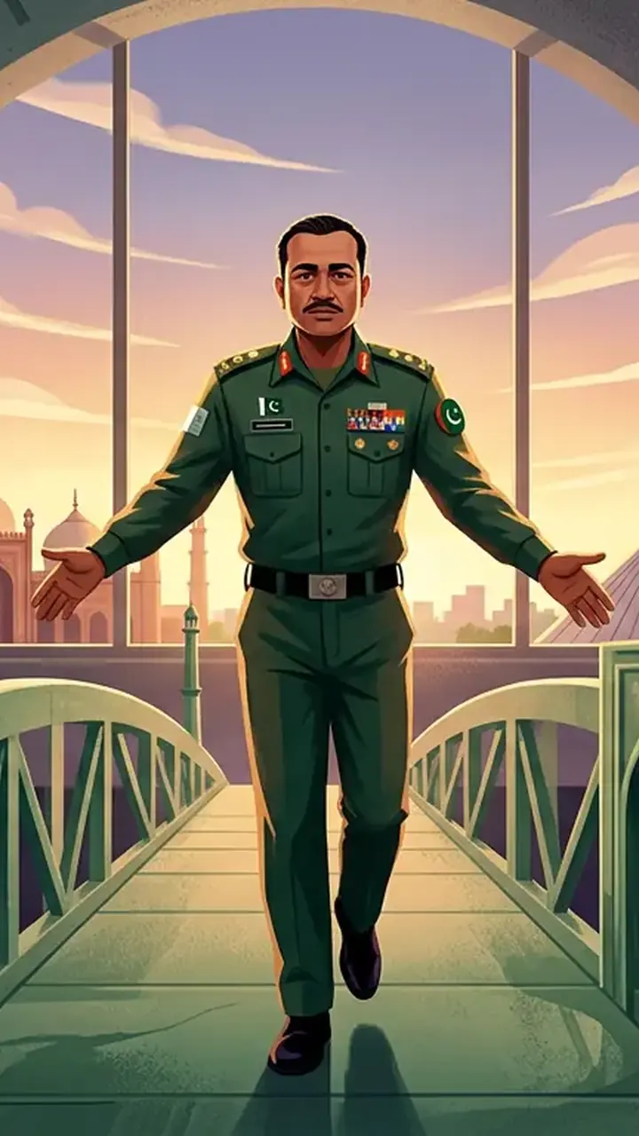 Animated editorial illustration for: CDF Munir’s Iran visit was for mediation, not as US envoy: FO