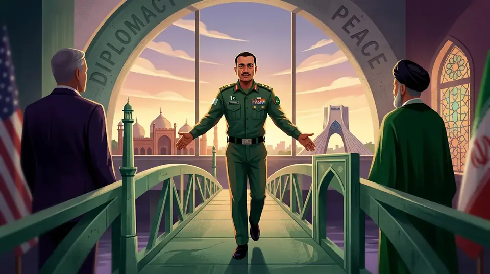 Animated editorial illustration for: CDF Munir’s Iran visit was for mediation, not as US envoy: FO