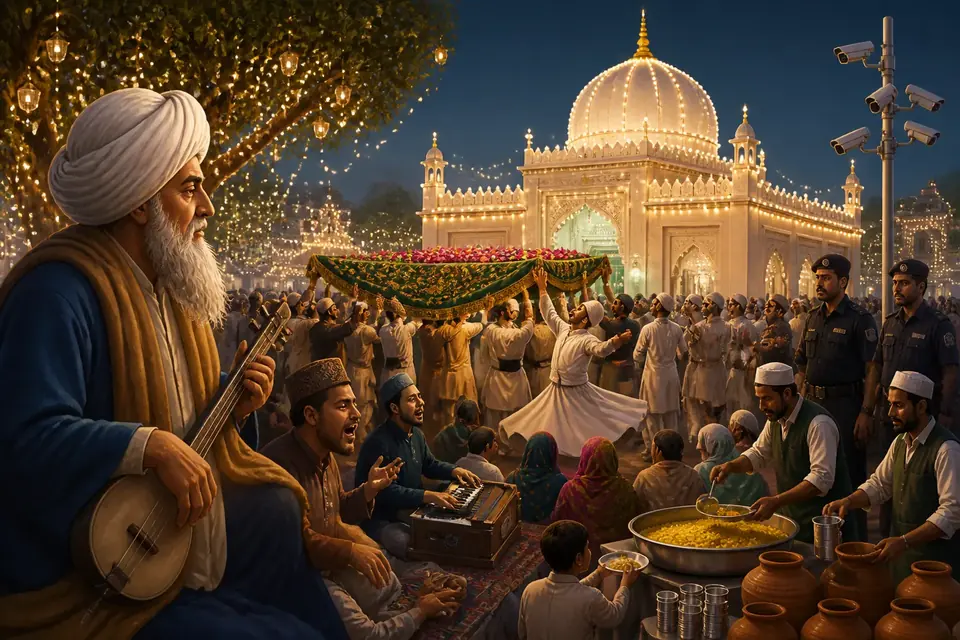Animated editorial illustration for: Devotees gather in Kasur for annual Urs of Baba Bulleh Shah