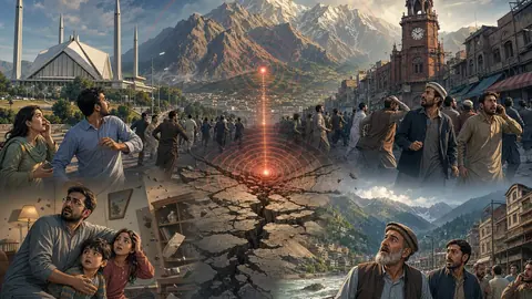 Animated editorial illustration for: Earthquake of 5.4 magnitude felt in Islamabad, Peshawar, and Swat