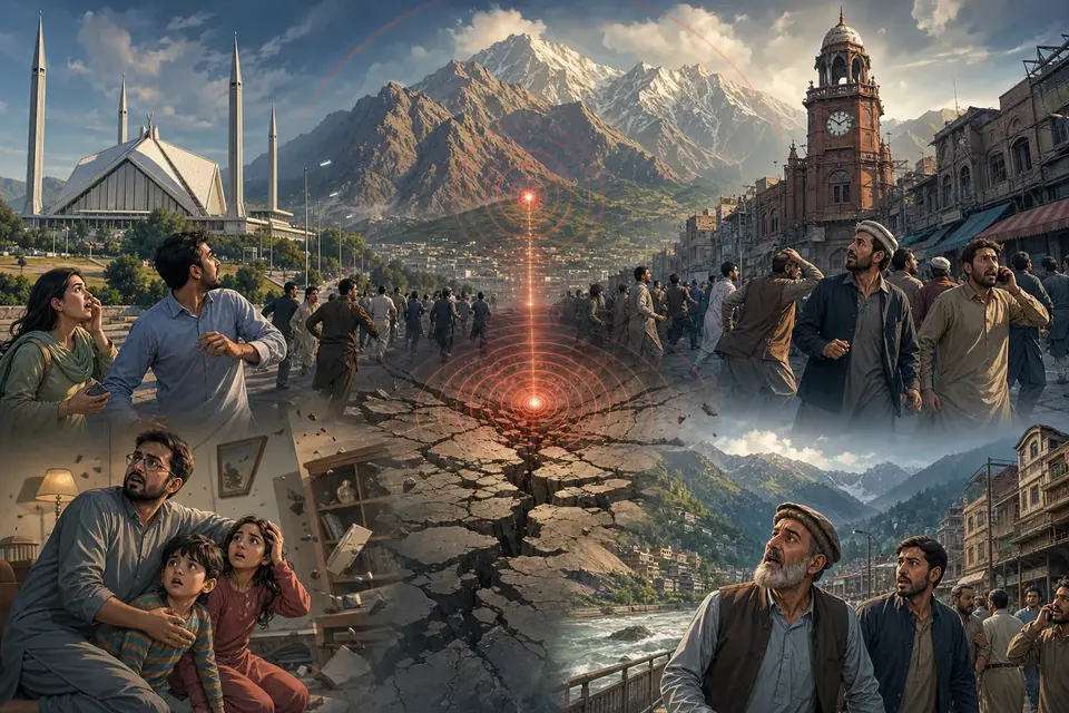 Animated editorial illustration for: Earthquake of 5.4 magnitude felt in Islamabad, Peshawar, and Swat