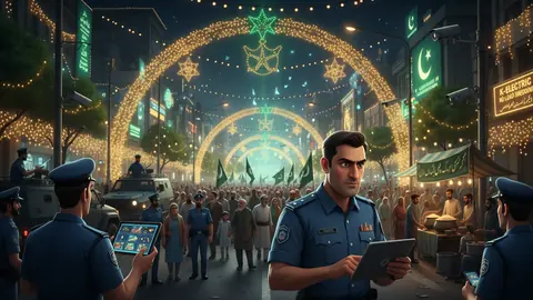 Animated editorial illustration for: Extensive security measures in place for Eid Miladun Nabi processions across Pakistan