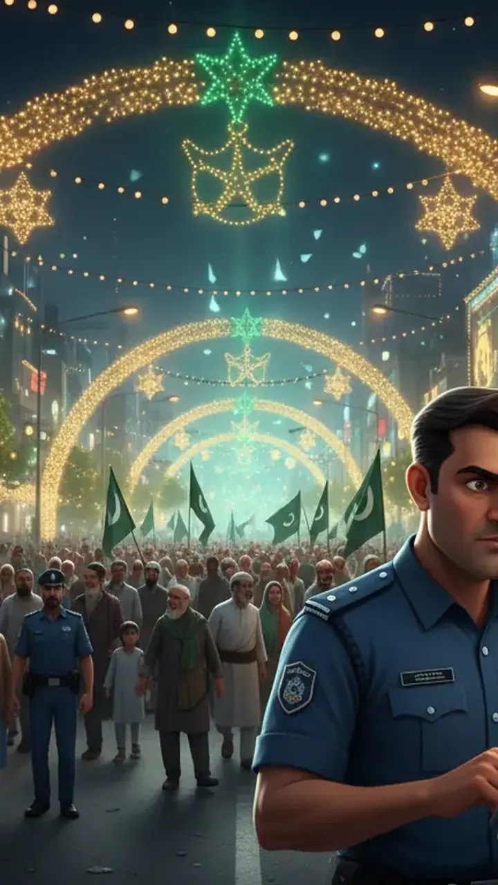 Animated editorial illustration for: Extensive security measures in place for Eid Miladun Nabi processions across Pakistan