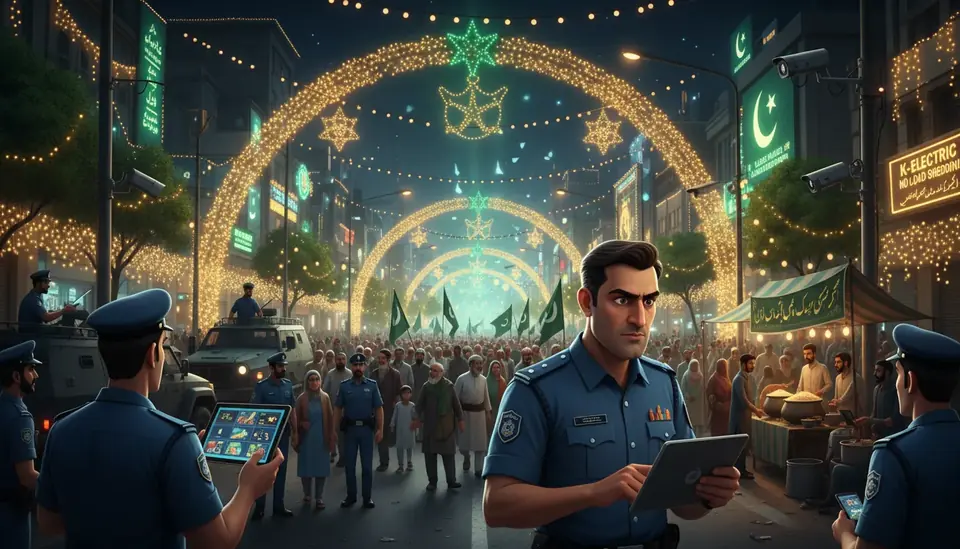 Animated editorial illustration for: Extensive security measures in place for Eid Miladun Nabi processions across Pakistan