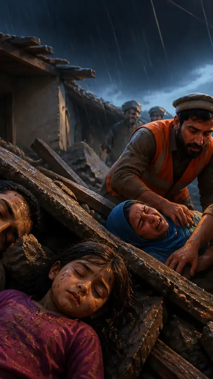 Animated editorial illustration for: Father and daughter killed in Swabi roof collapse after heavy rain