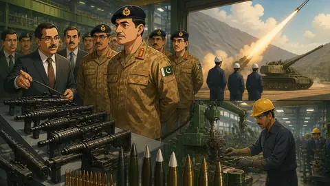Animated editorial illustration for: Field Marshal Asim Munir reviews defence production at POF Wah