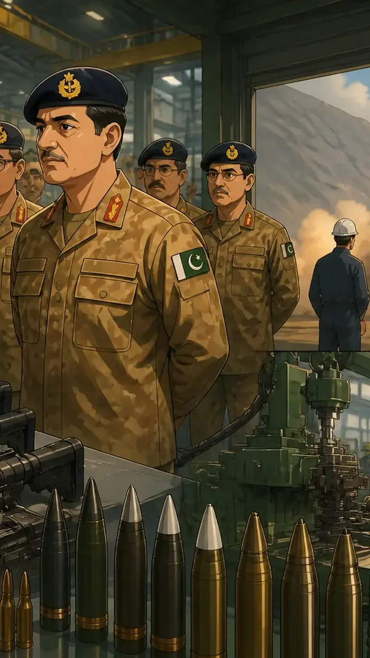 Animated editorial illustration for: Field Marshal Asim Munir reviews defence production at POF Wah