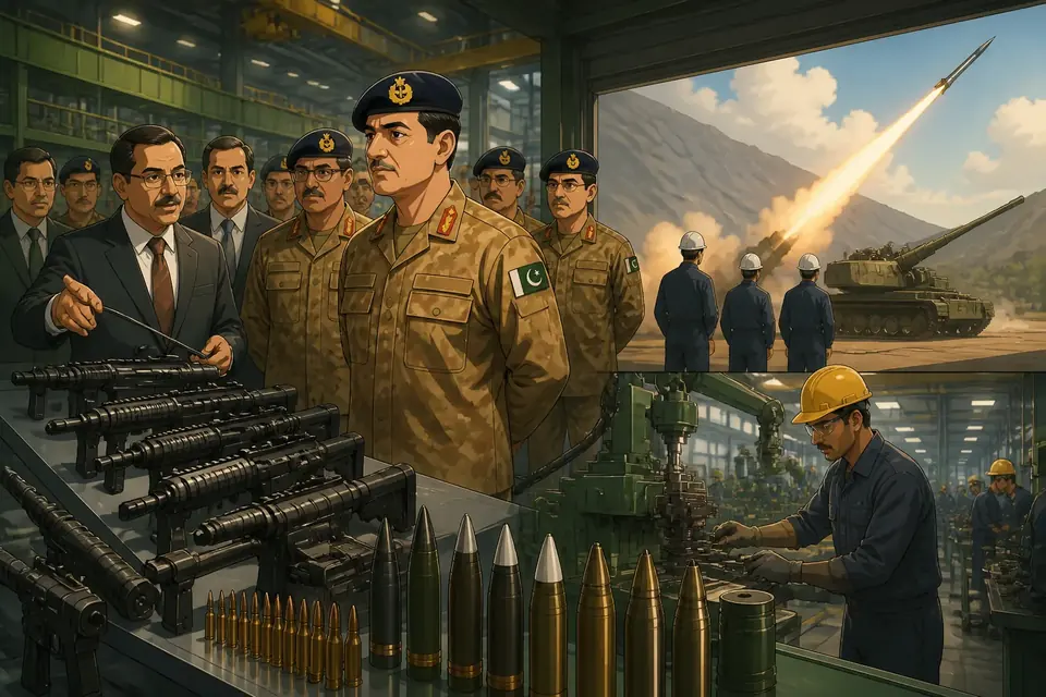 Animated editorial illustration for: Field Marshal Asim Munir reviews defence production at POF Wah