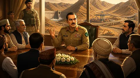Animated editorial illustration for: Field Marshal Asim Munir Vows Decisive Response to Destabilization Efforts in Balochistan