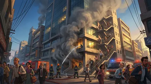 Animated editorial illustration for: Fire breaks out at Technocity Tower in Karachi’s Saddar area