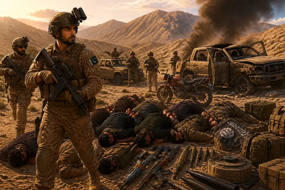 Animated editorial illustration for: 5 terrorists killed in Panjgur intelligence-based operation