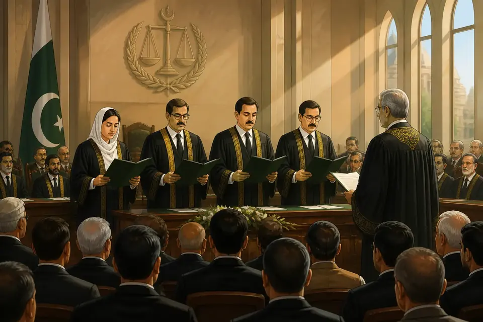 Animated editorial illustration for: Four Peshawar High Court Judges Take Oath as Permanent Members
