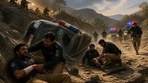 Animated editorial illustration for: Six police officers injured in DI Khan terrorist attack
