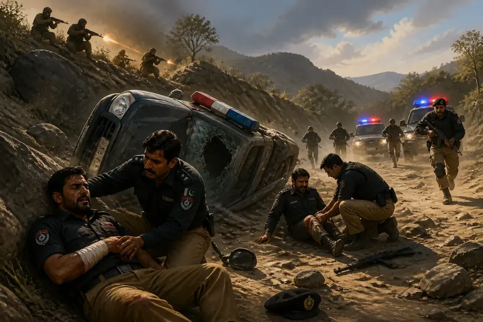 Animated editorial illustration for: Six police officers injured in DI Khan terrorist attack