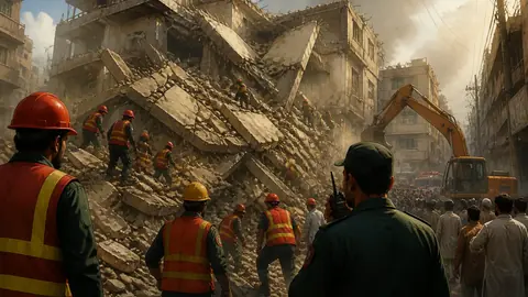 Animated editorial illustration for: Four-Storey Building Collapses in Karachi’s Lyari Area
