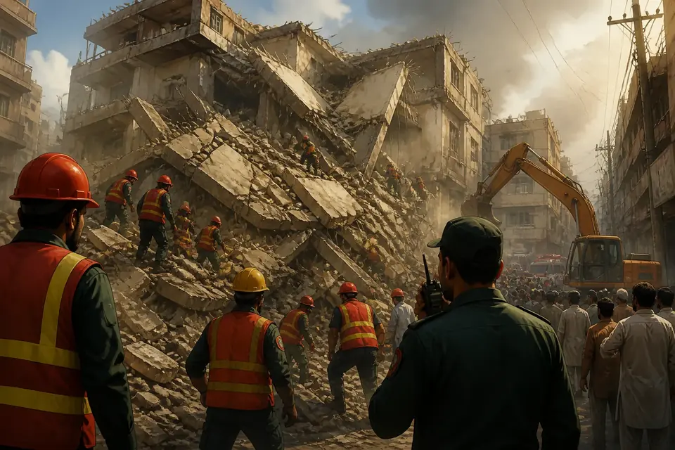 Animated editorial illustration for: Four-Storey Building Collapses in Karachi’s Lyari Area