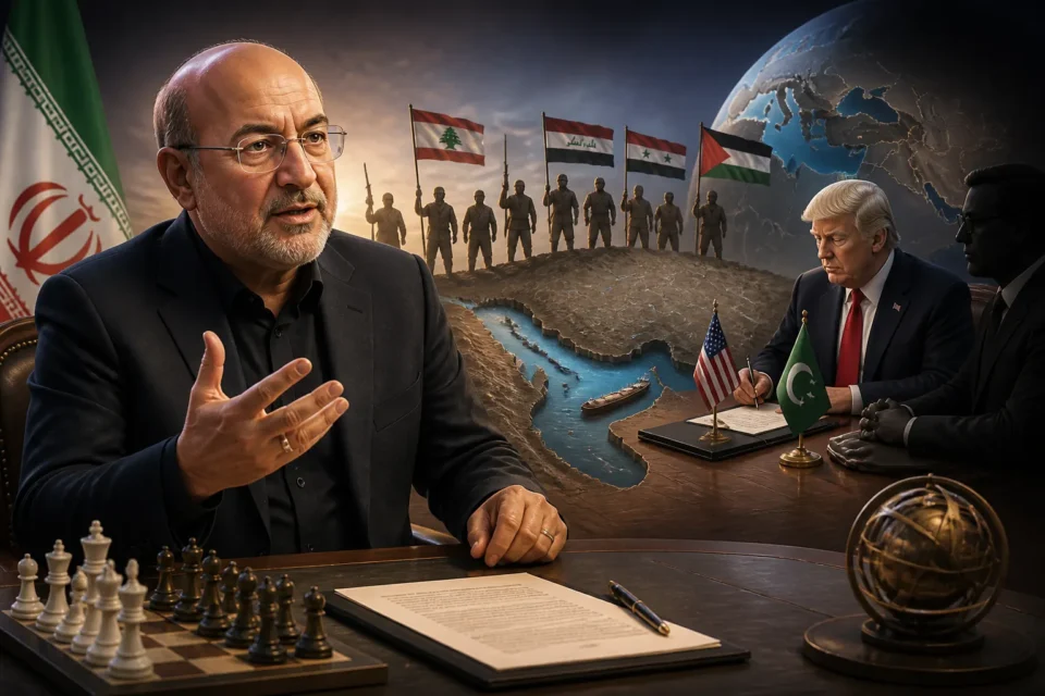 Animated editorial illustration: Ghalibaf Claims Trump Acknowledged Iran's 'Axis of Resistance'. Iranian Parliament Speaker Mohammad Bagher Ghalibaf has claimed that US President Donald Trump effectively acknowledged Iran’s “Axis of Resistance” by signing the recent Islamabad Memorandum of…