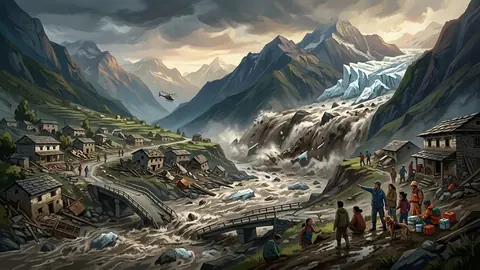 Animated editorial illustration for: Glacier burst in Nepal triggers devastating floods, 682 dead, 3,000 missing