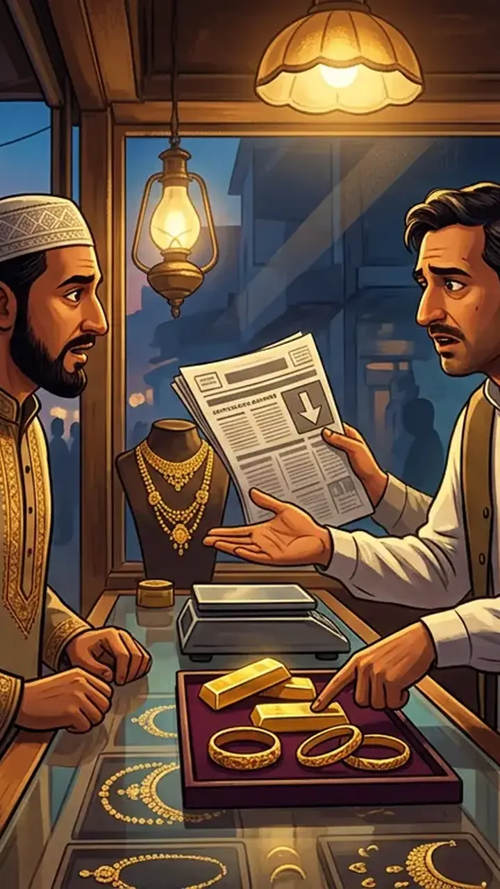 Animated editorial illustration for: Gold Price in Pakistan Drops by Rs1,800 Per Tola