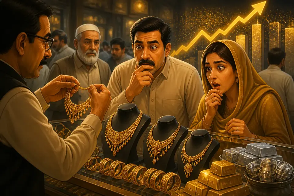 Animated editorial illustration for: Gold price in Pakistan increases by Rs 5,200 per tola