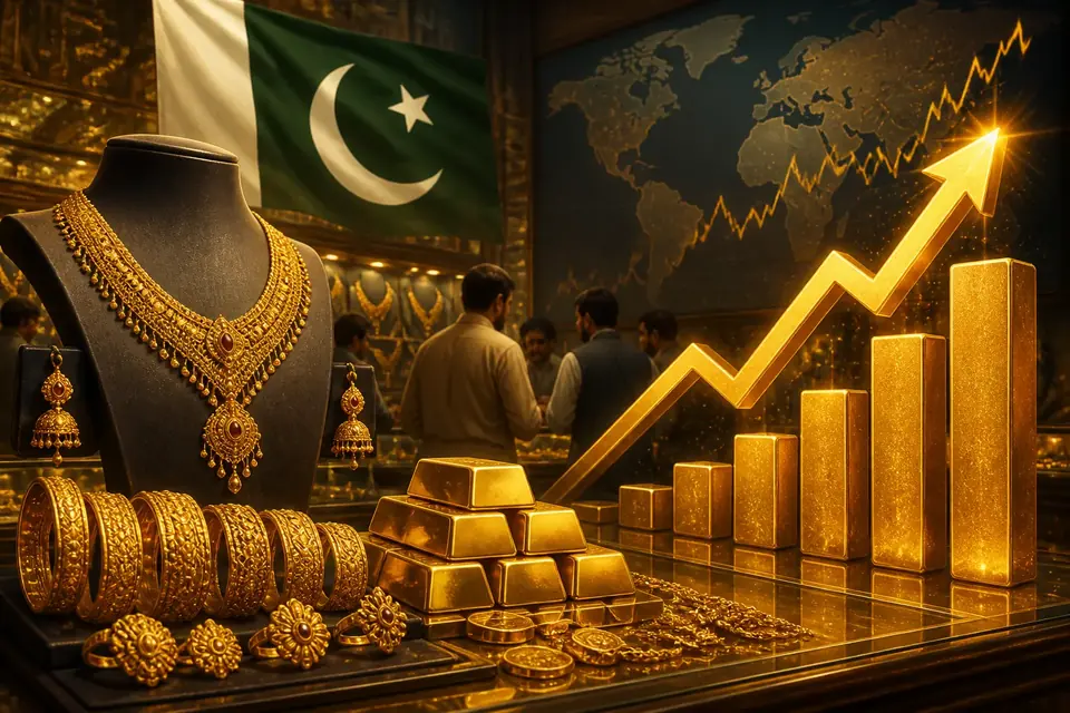 اس خبر کے لیے متحرک اداریاتی خاکہ: پاکستان میں سونے کی قیمت میں 2,000 روپے فی تولہ اضافہ