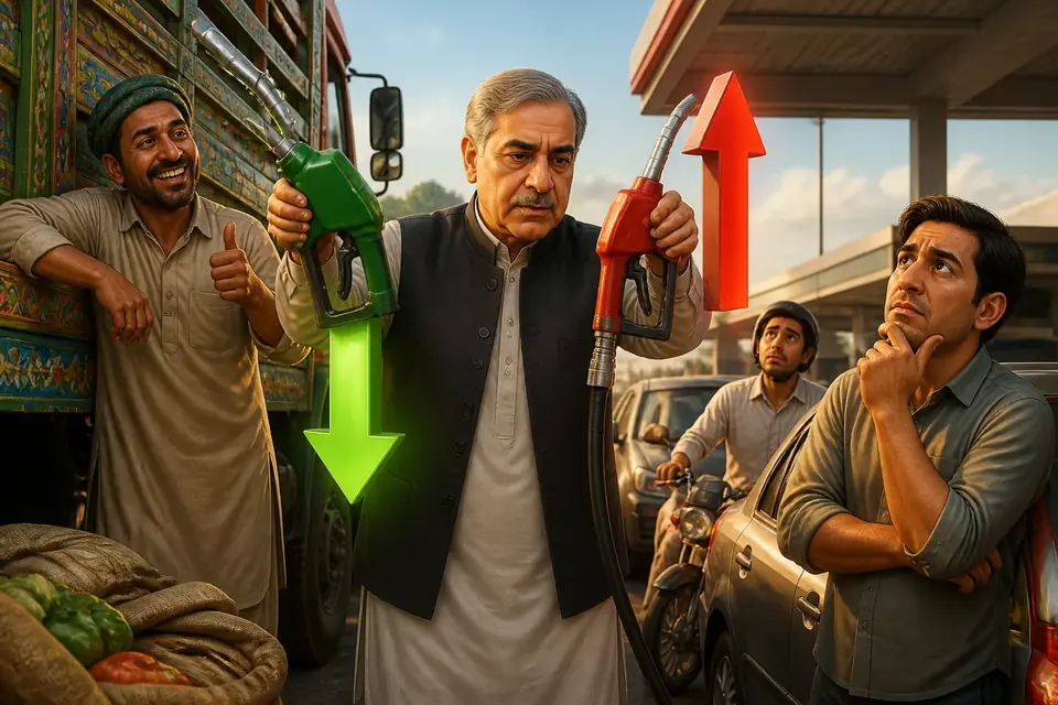 Animated editorial illustration for: Govt revises fuel prices, cutting diesel and raising petrol
