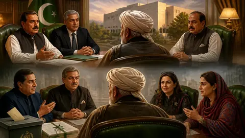اس خبر کے لیے متحرک اداریاتی خاکہ: حکومت اور اپوزیشن کے درمیان سیاسی صورتحال، ای سی پی تقرریوں پر مذاکرات