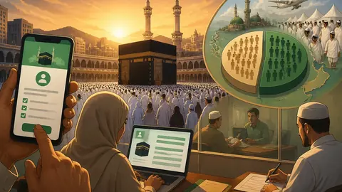 Animated editorial illustration for: Hajj 2027 application date changed, submissions start August 18