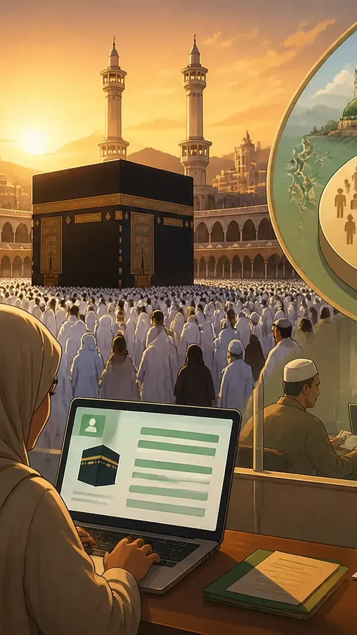 Animated editorial illustration for: Hajj 2027 application date changed, submissions start August 18